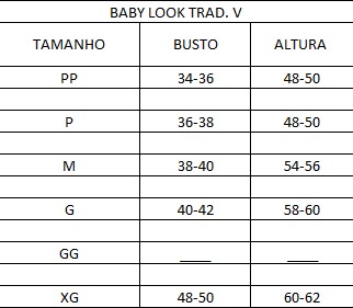 Medidas baby Look Trad V Baby Look Tradicional V