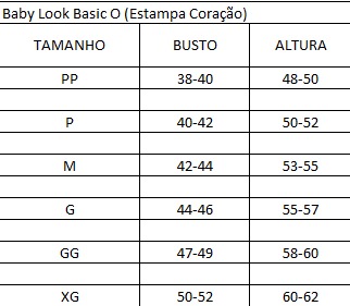Medidas Estampa coração Baby Look Basic O (Estampa Coração)