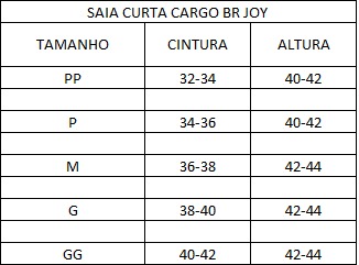Medidas Saia curta BR joy Saia Curta Cargo BR Joy